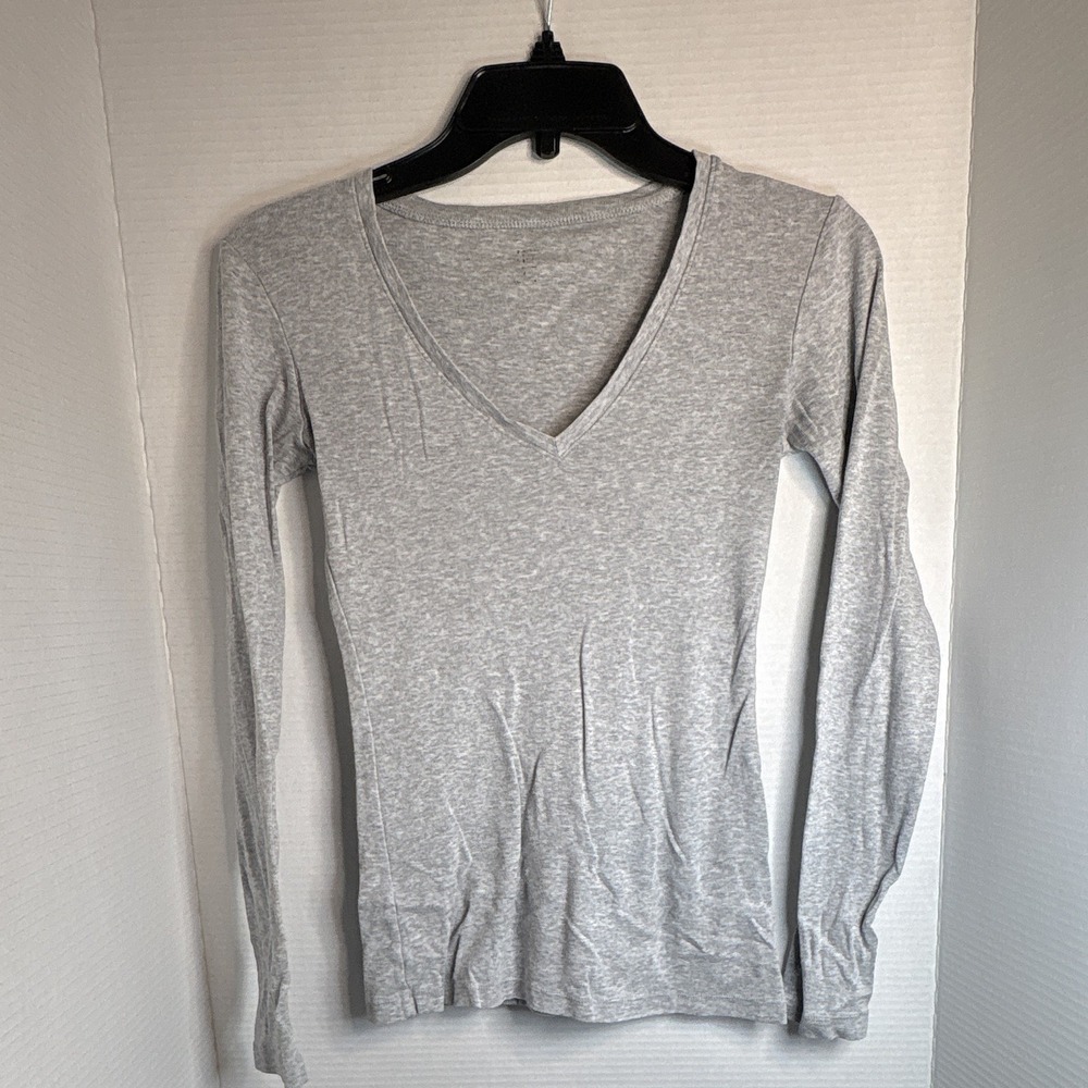 Women's T-Shirt Grey, Deep V-Neck, Long Sleeve,